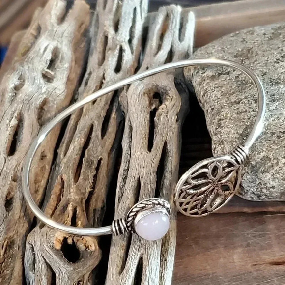 Handcrafted Opalite Gemstone Lotus Circle Sterling Silver Overlay Cuff Bracelet - Picture 2 of 7